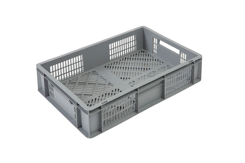 EN Stacking bin Budget Grey 27l - 600x400x150mm - perforated sides and bottom - open handles 