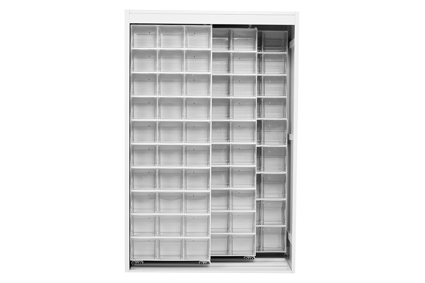 Metal wall cabinet incl. 120 pcs Crystal box tilt bins - 1270x600x1950mm 