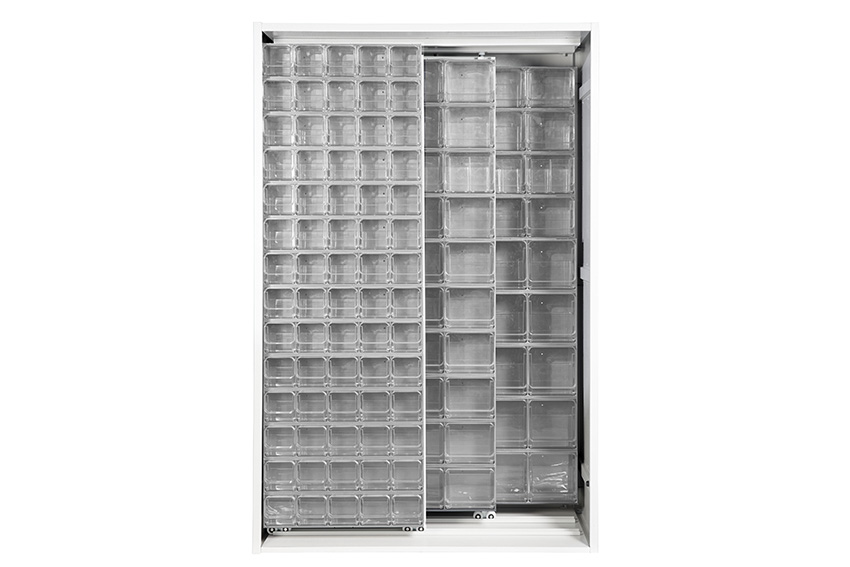 Metal wall cabinet incl. 154 pcs Crystal box tilt bins - 1270x600x1950mm 