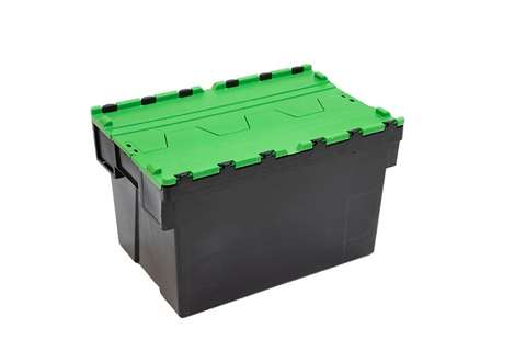 Attached lid container Ergo 63L – 600x400x367mm - black body + coloured lid - Regranulate