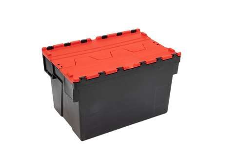Attached lid container Ergo 63L – 600x400x367mm - black body + coloured lid - Regranulate