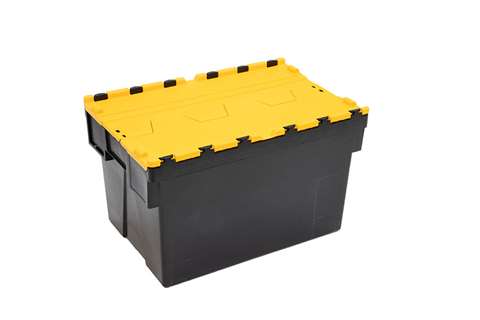 Attached lid container Ergo 63L – 600x400x367mm - black body + coloured lid - Regranulate