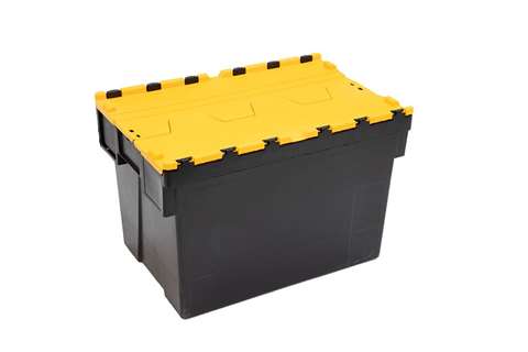 Attached lid container Ergo 69L – 600x400x400mm - black body + coloured lid - Regranulate