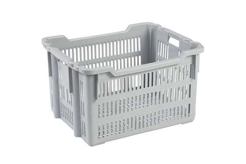 Nestable and stackable crate 75l - 625x500x360/325mm - perforated sides and bottom - 2 open handles