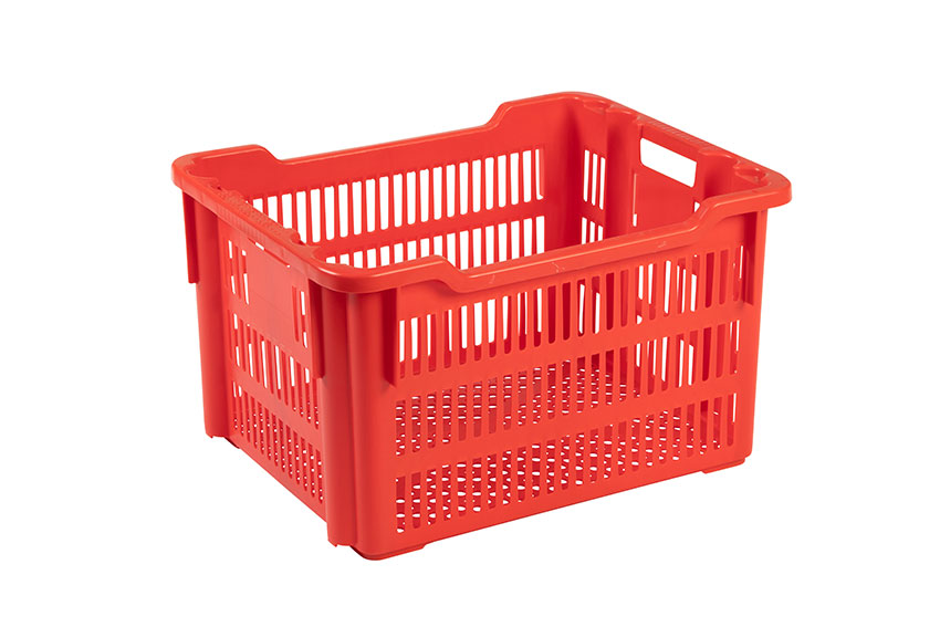 Nestable and stackable crate 75l - 625x500x360/325mm - perforated sides and bottom - 2 open handles 