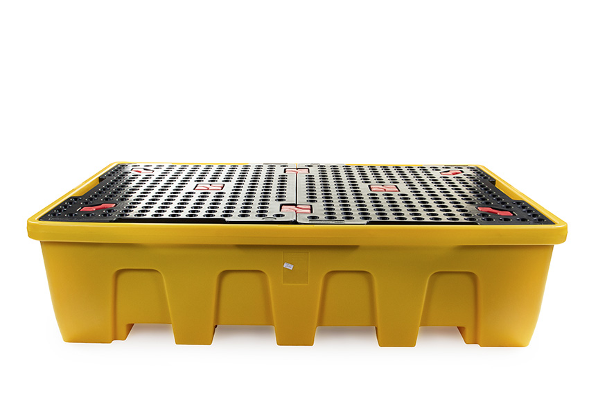 Spillpallet for 2 ibcs - 1200l - yellow - with grid - nestable 